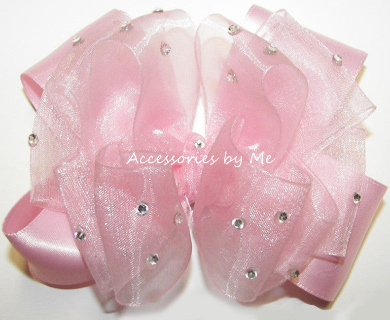 Glitzy Light Pink Organza Satin Hair Bow - Accessories by Me