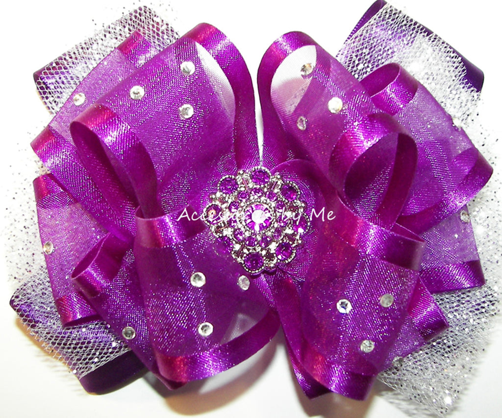 Glitzy Purple Organza Satin Tulle Hair Bow