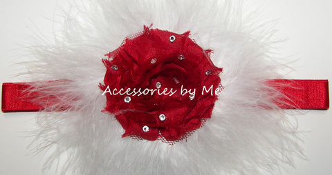 Glitzy Red White Rose Marabou Bow Headband