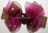 Glitzy Shocking Pink Brown Organza Hair Bow 