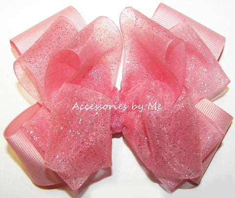 Glitzy Coral Pink Organza Satin Hair Bow