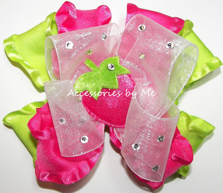 Glitzy Strawberry Hot Pink Lime Ruffle Hair Bow