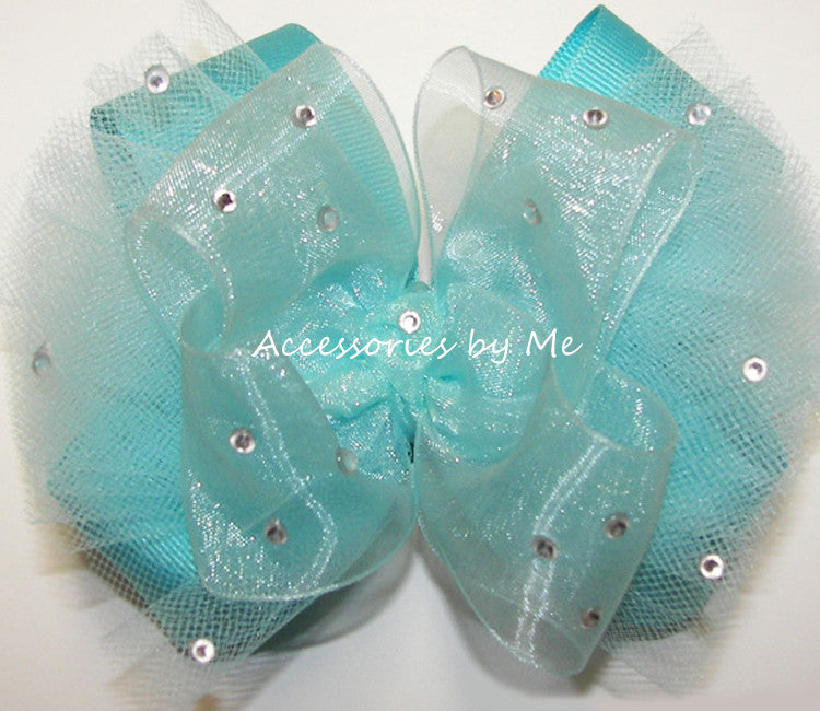 Glitzy Turquoise Organza Tutu Hair Bow - Accessories by Me