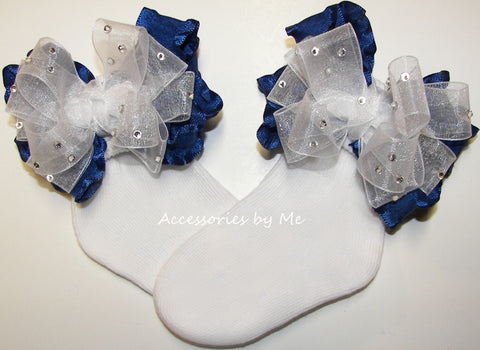 Glitzy White Navy Blue Organza Ruffle Bow Socks