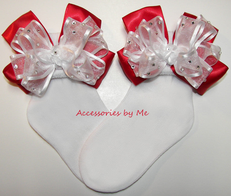 Glitzy White Red Bow Socks - Accessories by Me