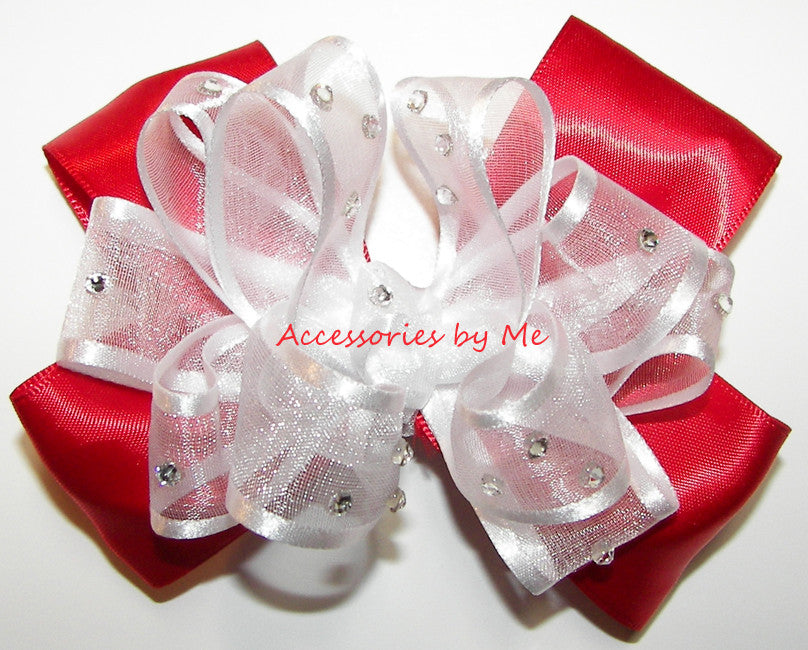 Glitzy White Red Organza Satin Hair Bow - Accessories by Me