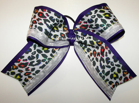 Sparkly Leopard Purple White Cheer Bow