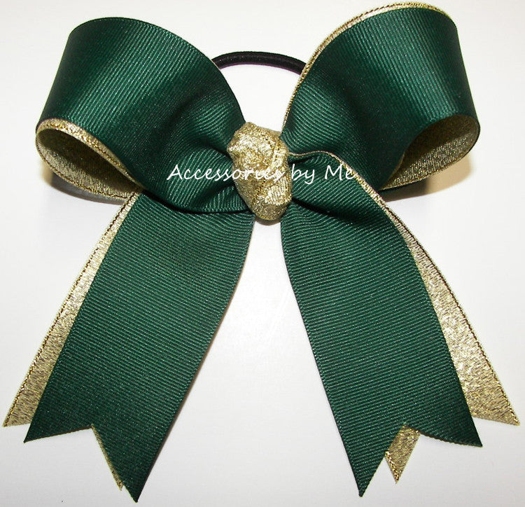 Forest Green Gold Metallic Ponytail Holder Hair Bow - Accessories by Me