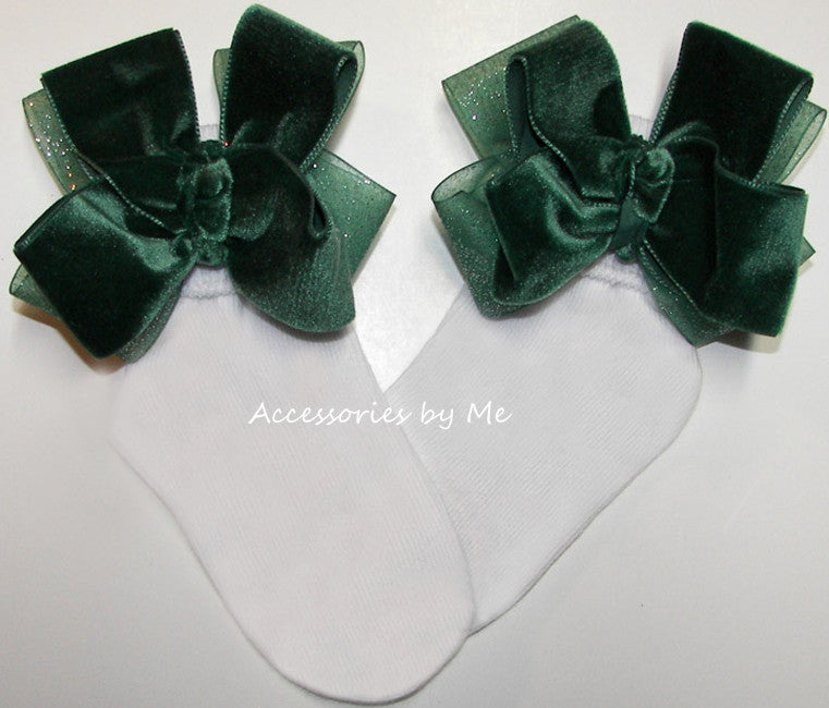 Green Velvet Glitter Organza Bow Socks