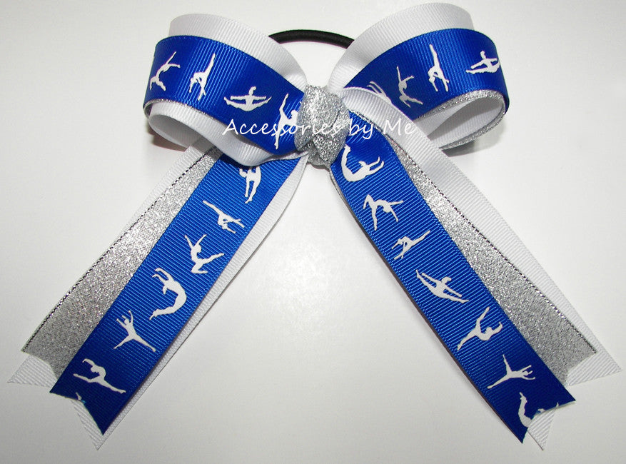 Gymnastics Royal Blue White Silver Ponytail Holder Hair Bow