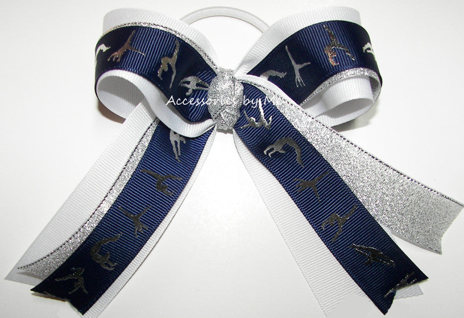Gymnastics Navy Blue White Silver Ponytail Holder Hair Bow