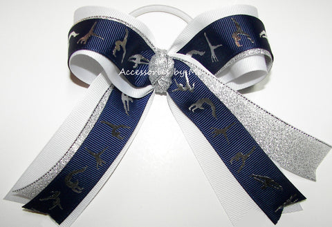 Gymnastics Navy Blue White Silver Ponytail Bow