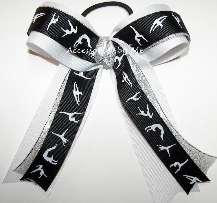 Gymnastics Black White Silver Ponytail Bow