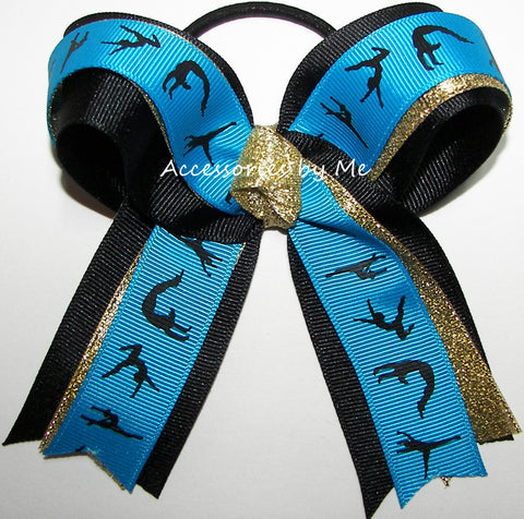 Gymnastic Blue Black Gold Metallic Ponytail Bow