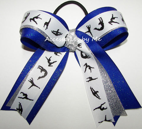 Gymnastics Royal Blue Silver Glitter Ponytail Bow