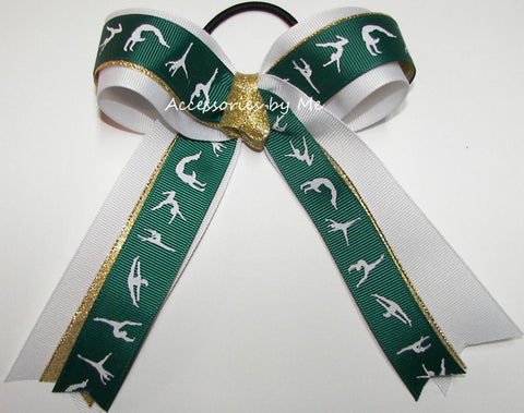 Gymnastics Green White Gold Ponytail Bow