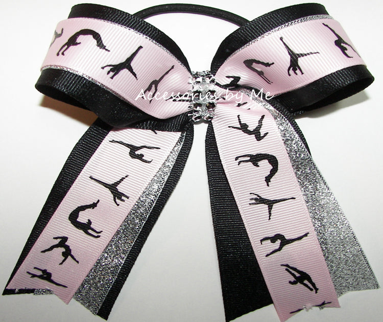 Gymnastics Pink Black Silver Rhinestones Ponytail Bow