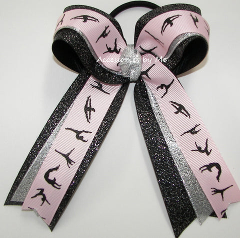 Gymnastics Pink Silver Black Glitter Ponytail Bow