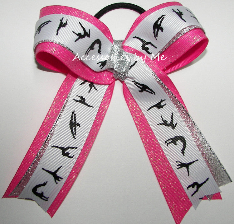 Gymnastics Sparkly Hot Pink Silver Ponytail Bow