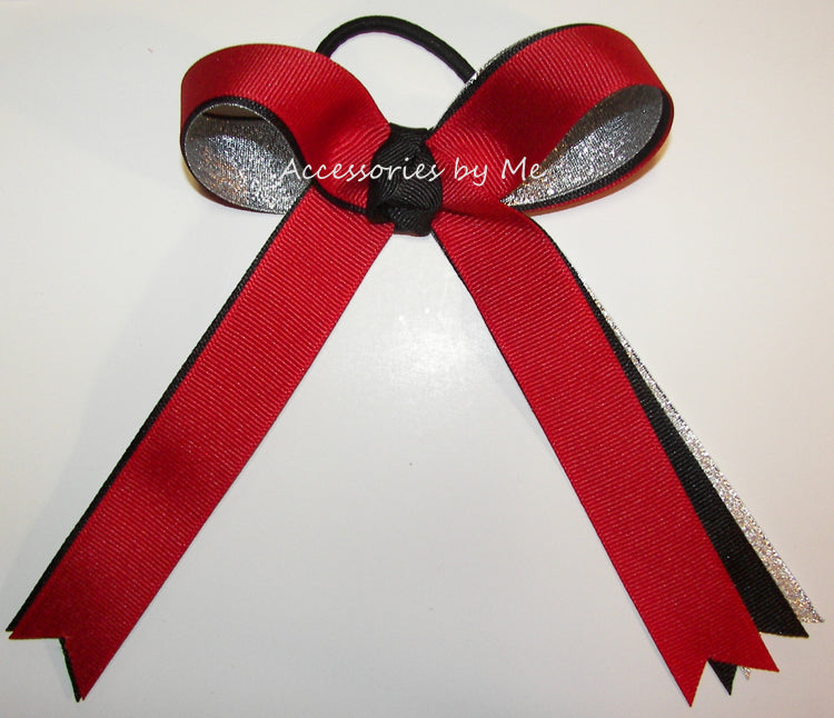 Red Black Silver Long Tails Ponytail Bow