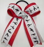 Sparkly Gymnastics Silver Red Ponytail Bow