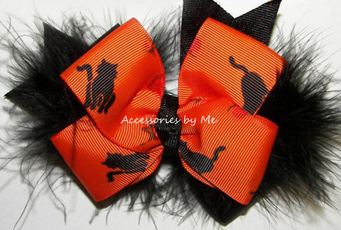 Halloween Orange Black Cat Marabou Hair Bow