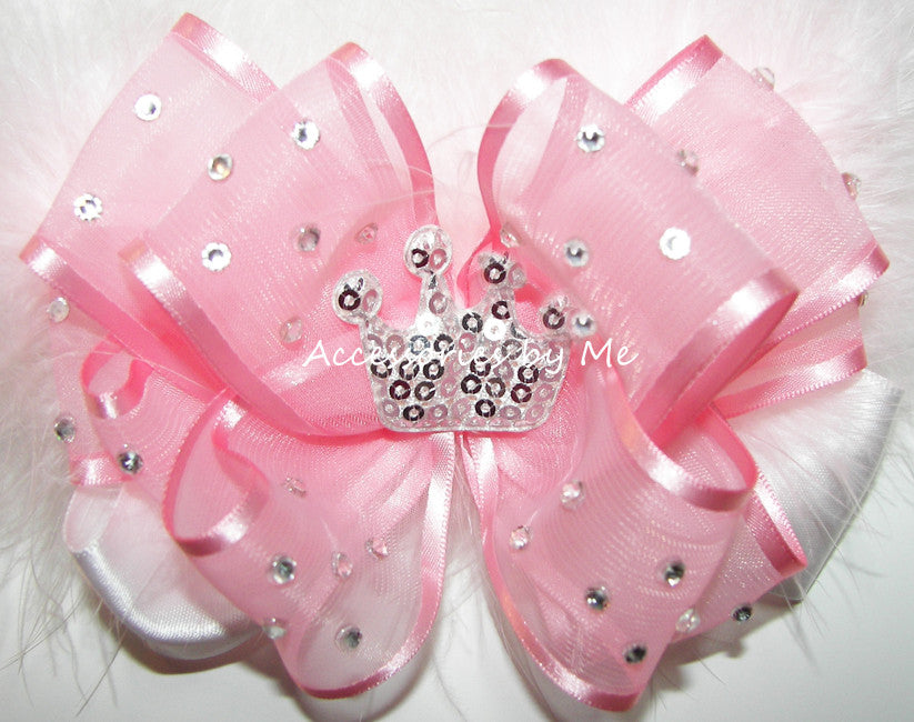 High Glitz Pink Organza  White Marabou Tiara Hair Bow