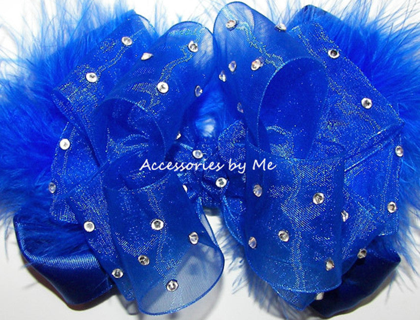 Pageant High Glitzy Royal Blue Organza Marabou Hair Bow 