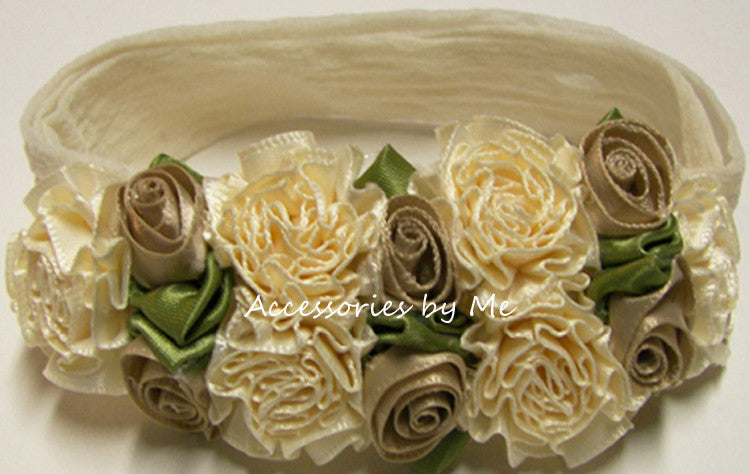 Frilly Ivory Taupe Roses Floral Nylon Headband - Accessories by Me