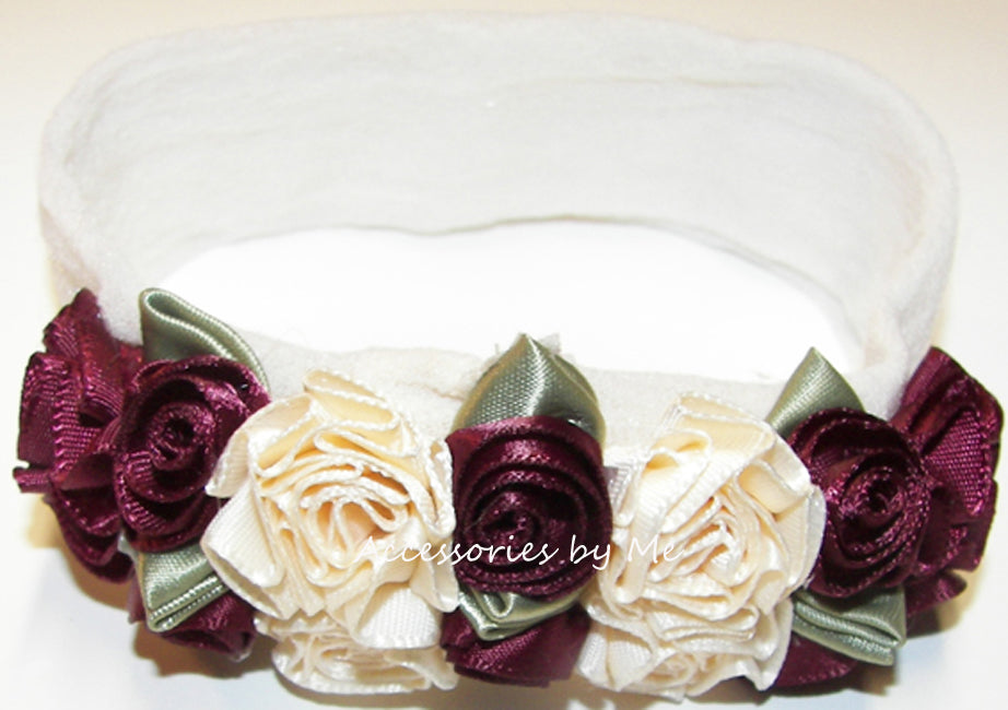 Burgundy Ivory Roses Floral Nylon Headband
