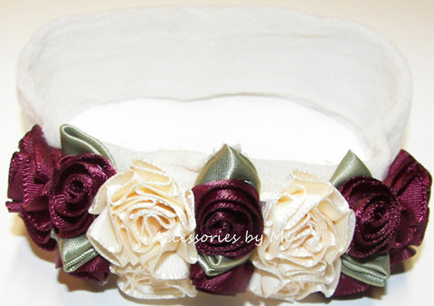 Burgundy Ivory Roses Floral Nylon Headband