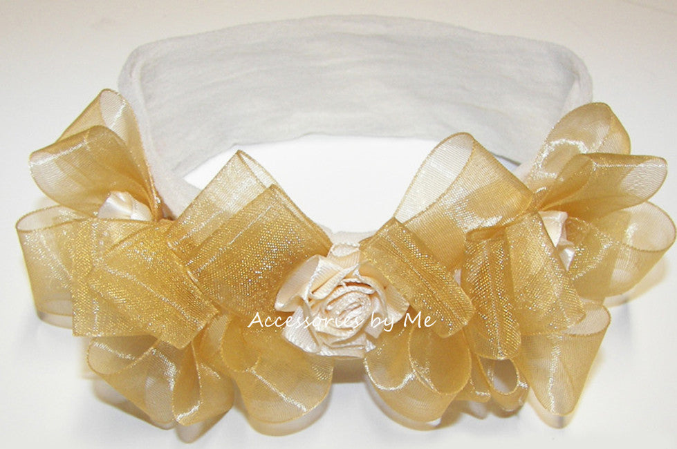 Frilly Triple Ivory Gold Organza Rose Headband - Accessories by Me