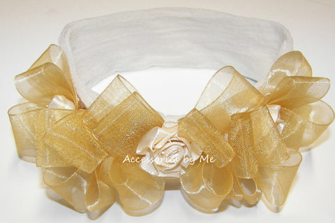 Triple Ivory Gold Organza Rose Headband