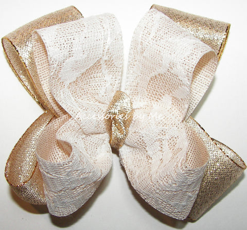 Ivory Gold Lace Lame Hair Bow