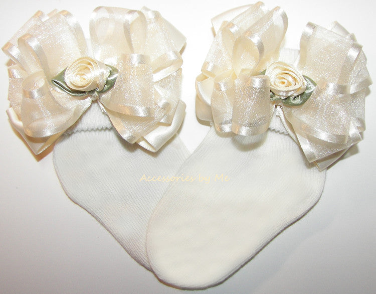 Baptism Ivory Organza Satin Floral Bow Socks - Accessories by Me