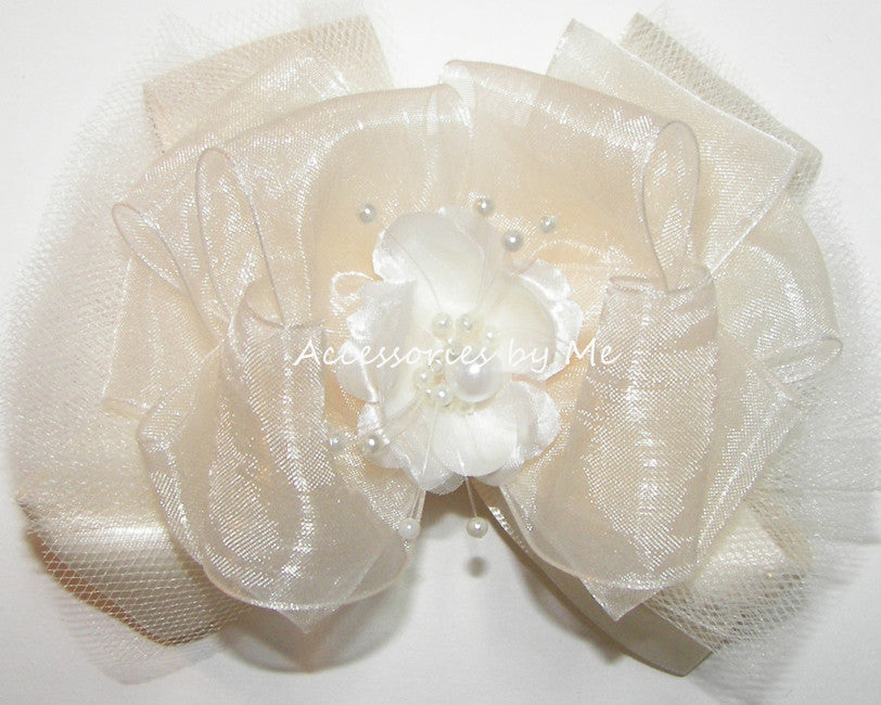 Fancy Ivory Organza Tutu Floral Pearl Hair Bow - Accessories by Me