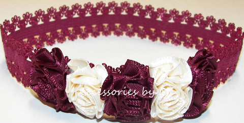 Burgundy Ivory Rose Flowers Lace Headband