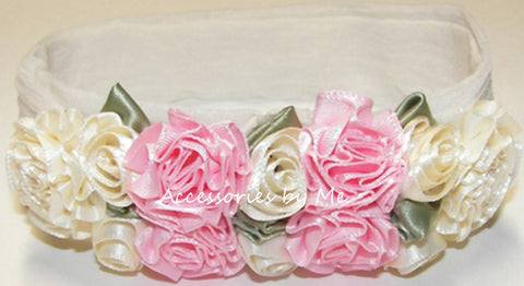Ivory Pink Satin Roses Nylon Headband
