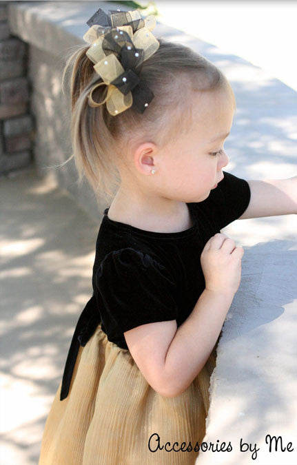 Glitzy Black Gold Organza Pigtail Bows, Rhinestones Black Gold Pigtail – Accessories by Me, LLC