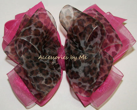 Leopard Hot Pink Organza Hair Bow