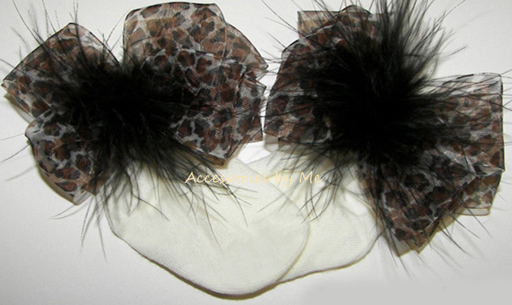 Leopard Organza Marabou Feathers Bow Socks