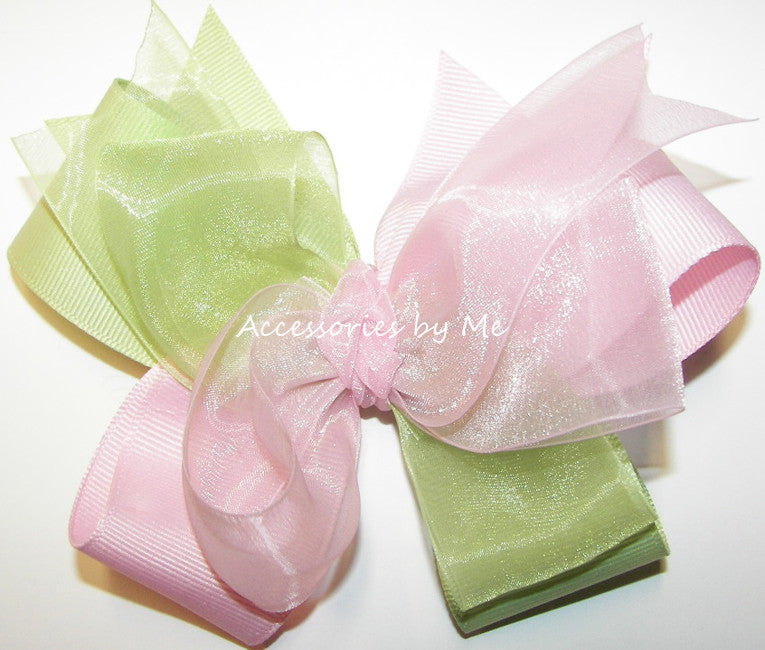 Frilly Light Pink & Soft Green Organza Grosgrain Hair Bow - Accessories by Me