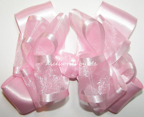 Light Pink Organza Satin Trim Hair Bow