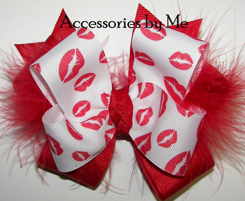 Red Pouty Lips Marabou Hair Bow