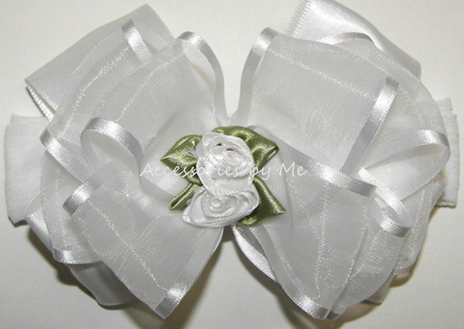 Frilly White Organza Floral Bow Nylon Headband - Accessories by Me