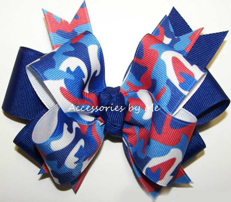 Patriotic Camo Red White Blue Funky Hair Bow 