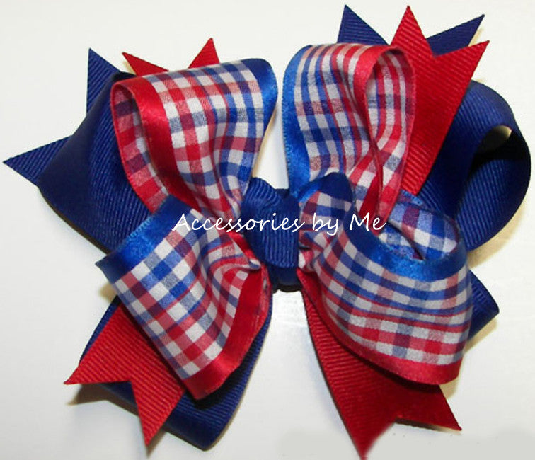 Patriotic Red White Blue Plaid Funky Hair Bow - Accessories by Me