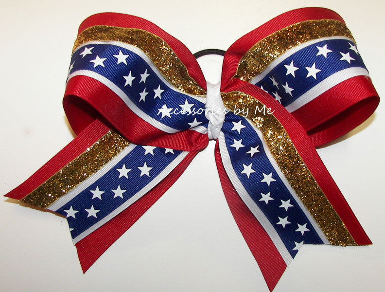 Patriotic Red White Blue Gold Glitter Big Cheer Bow 