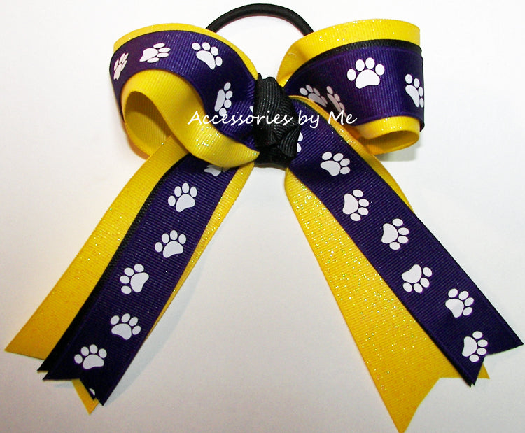 Purple Paw Print Yellow Gold Sparkly Ponytail Bow