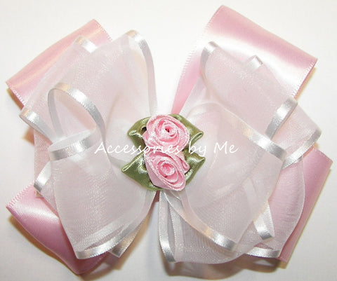 Pink White Organza Satin Floral Hair Bow